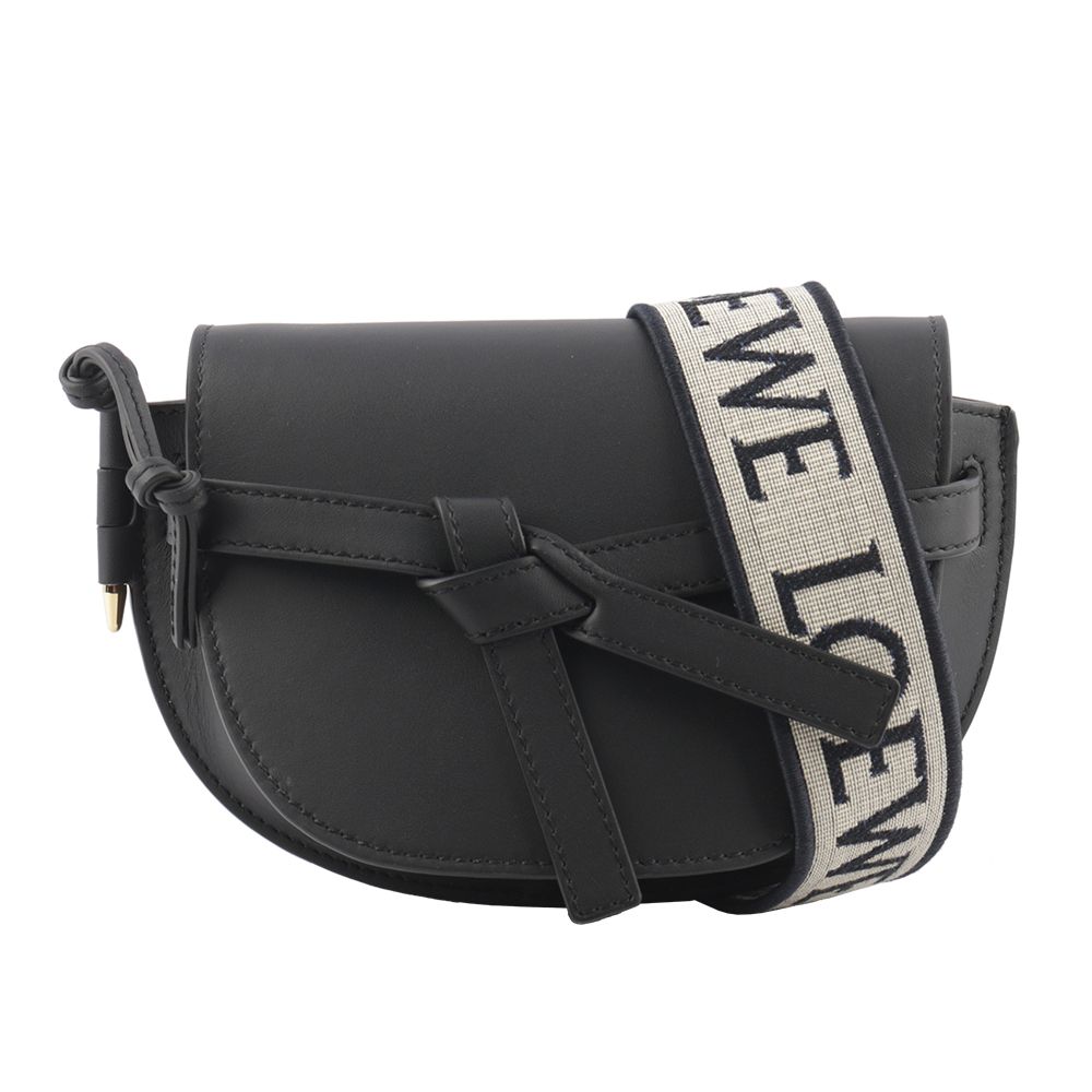 【LOEWE】Gate Mini 新款柔軟小牛皮緹花背帶馬鞍斜背/腰包(黑色)/平行輸入