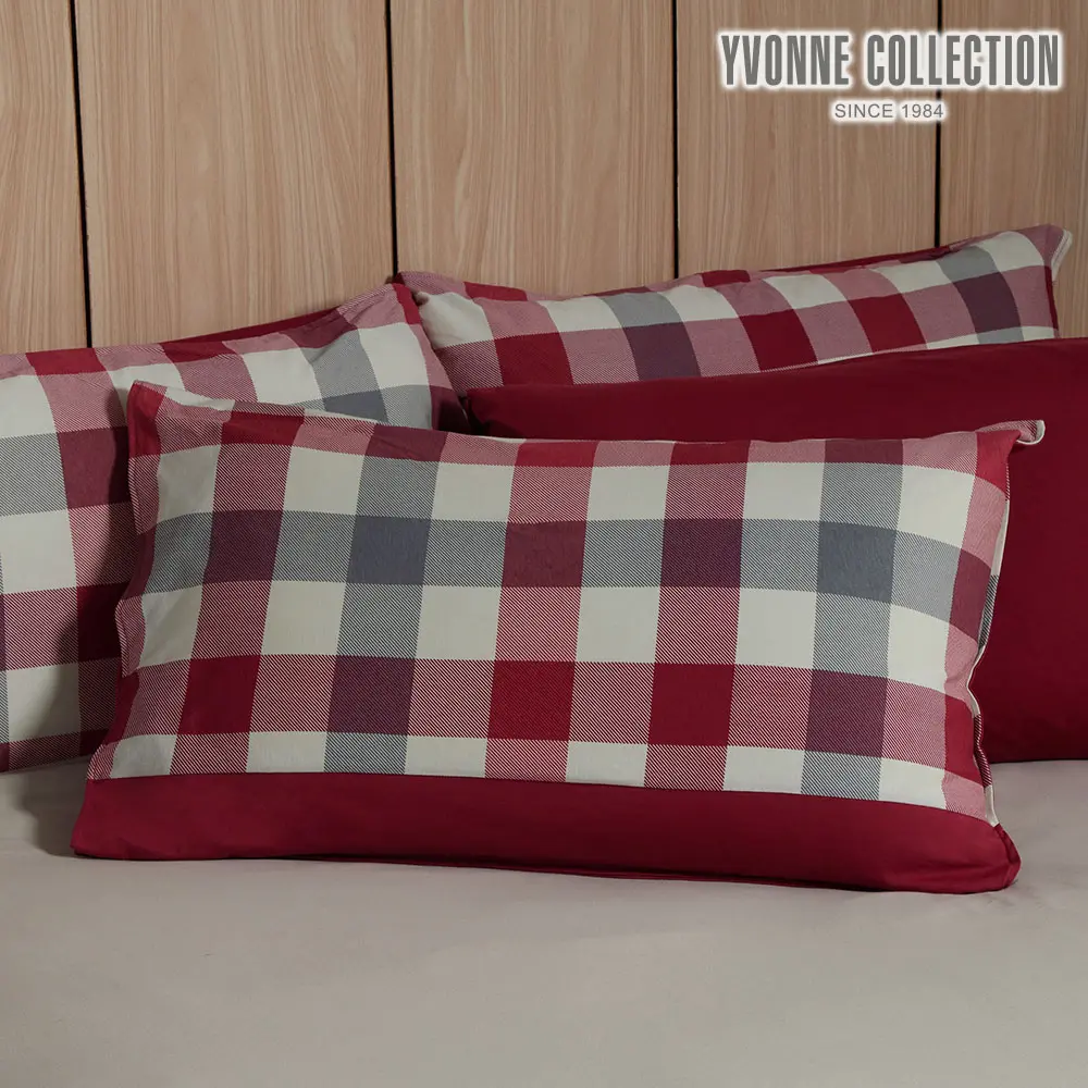 YVONNE COLLECTION格紋印花拼接信封式枕套1入-萄葡藤紅