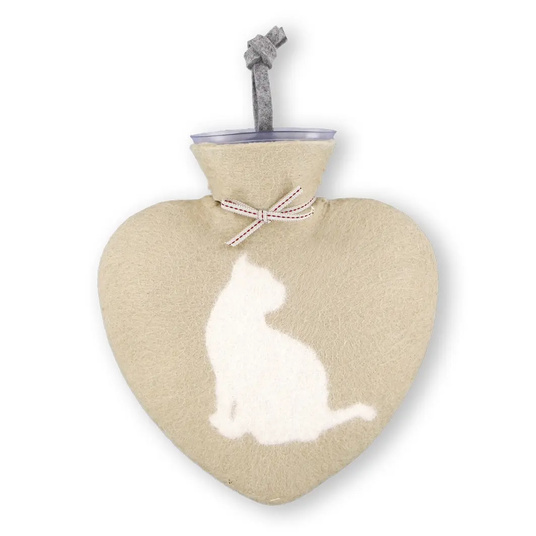 德國 dorothee lehnen 手工羊毛氈熱水袋/ 方型/ 白色貓咪/ 淺駝底