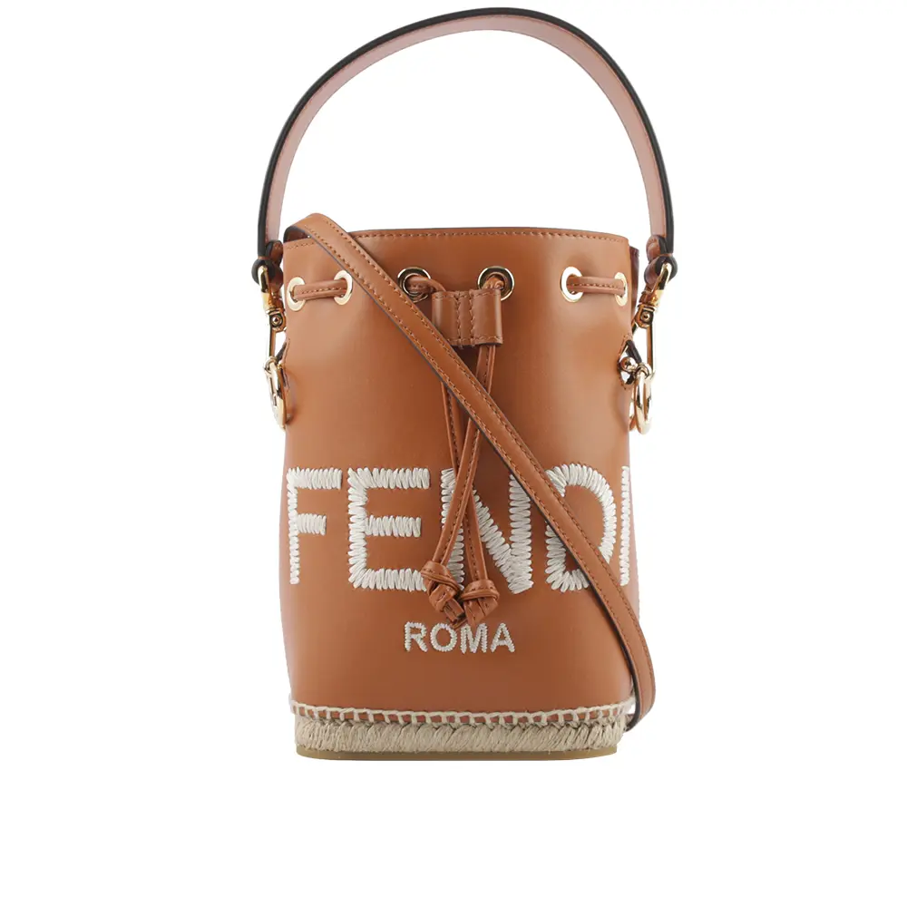 【FENDI 芬迪】MON TRESOR 刺繡標誌手提/斜背迷你水桶包(棕色)/平行輸入