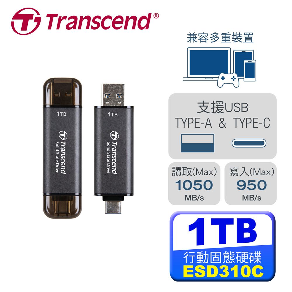 Transcend 創見 ESD310C 1T USB3.2 Type A+C 雙介面行動固態硬碟-太空黑 (TS1TESD310C)