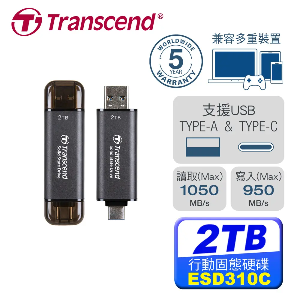 Transcend 創見 ESD310C 2T USB3.2 Type A+C 雙介面行動固態硬碟-太空黑 (TS2TESD310C)