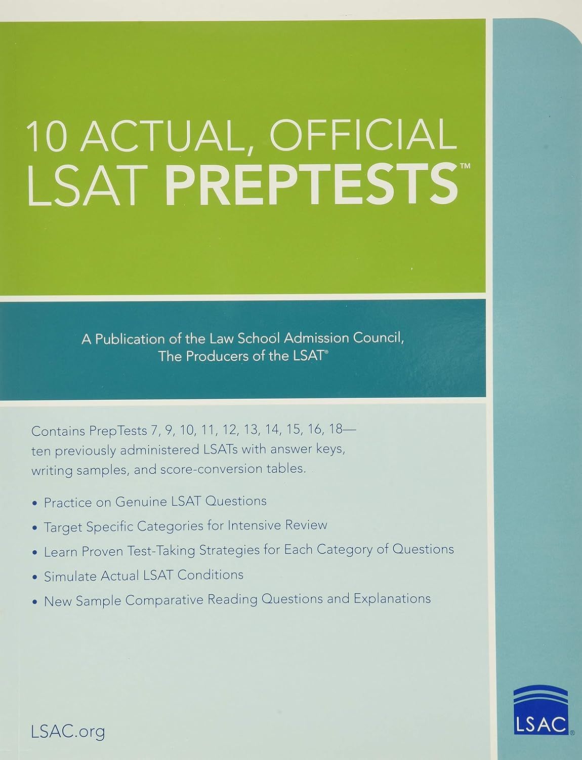10 Actual, Official LSAT Preptests: (preptests 7,9,10,11,12,13,14,15,16,18)