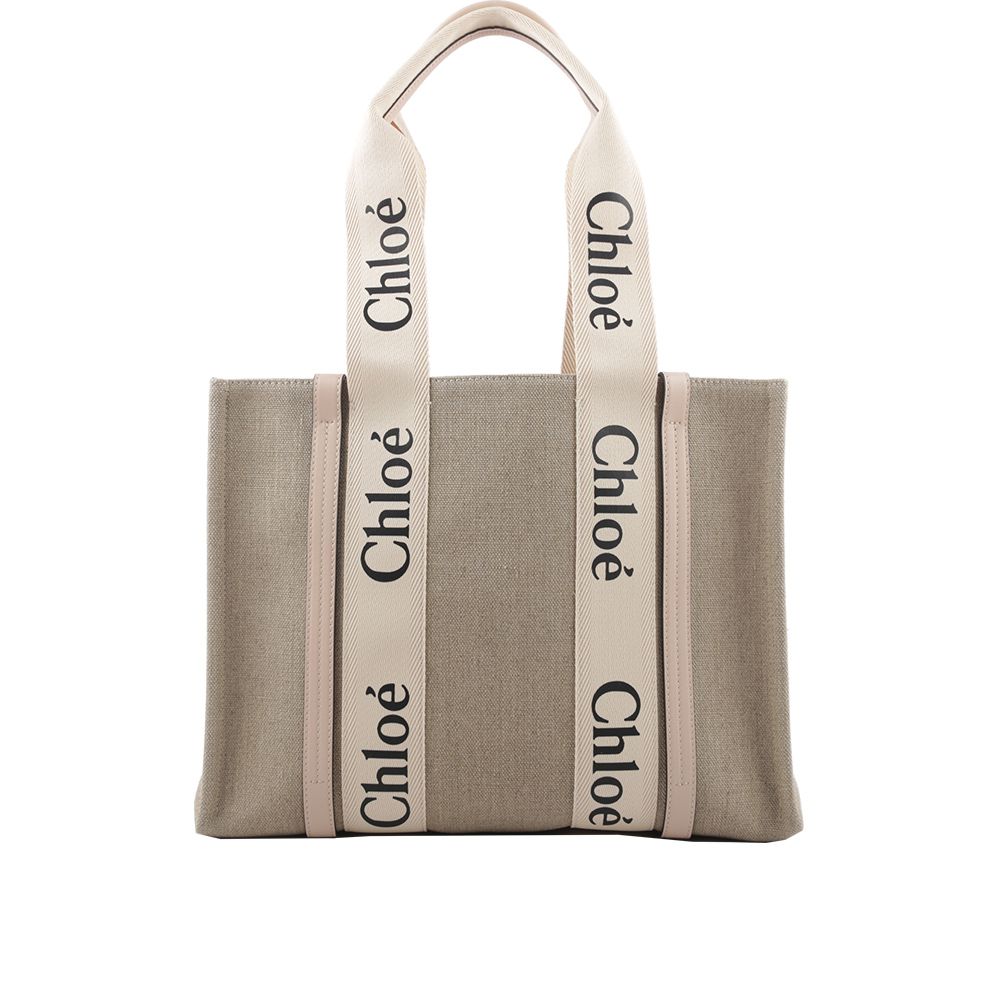 【CHLOE'】Woody 亞麻帆布拼牛皮托特包(中款)(灰粉色)/平行輸入