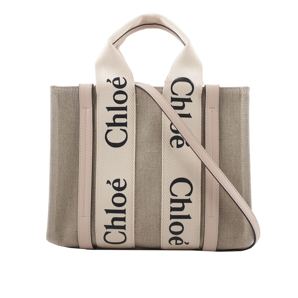 【CHLOE'】Woody 帆布拼牛皮手提/斜背二用托特包(小)(灰粉色)/平行輸入