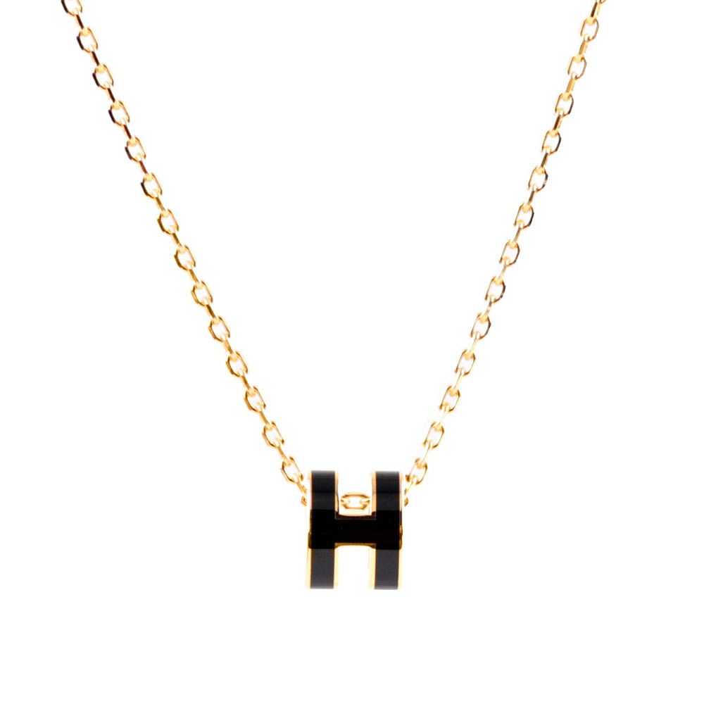 【HERMES】Mini Pop H pendant 立體橢圓簍空項鍊(黑色/金色)/平行輸入