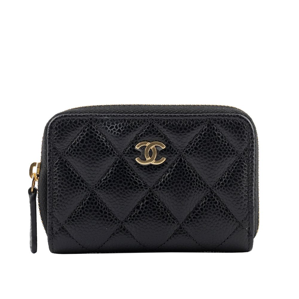 【CHANEL】淡金色CC Logo 荔枝牛皮ㄇ形拉鍊零錢包(黑色)/平行輸入