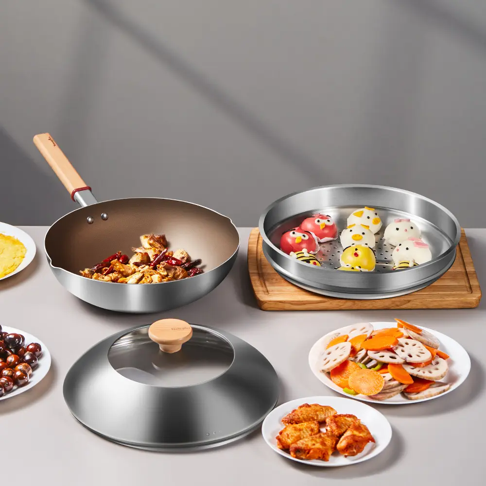 【Taste Plus】悅味元器 鈦合金x430不鏽鋼炒鍋 無塗層不沾炒鍋 32cm IH全對應設計(贈鍋蓋+蒸盤+不鏽鋼鏟)