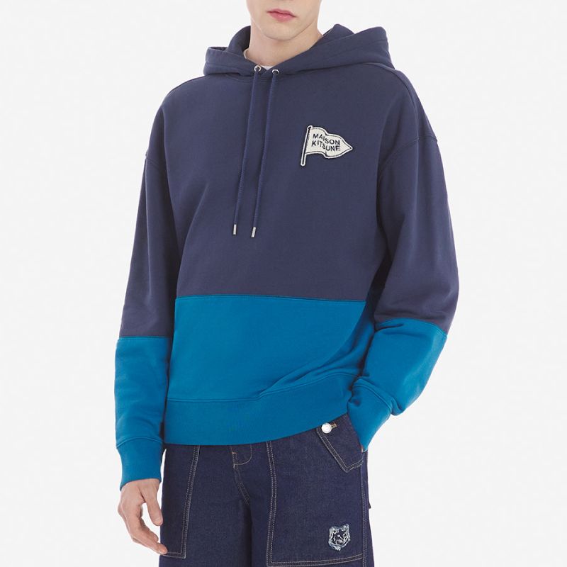 MAISON KITSUNÉ 雙藍色復古旗幟LOGO連帽衛衣/中性/ M