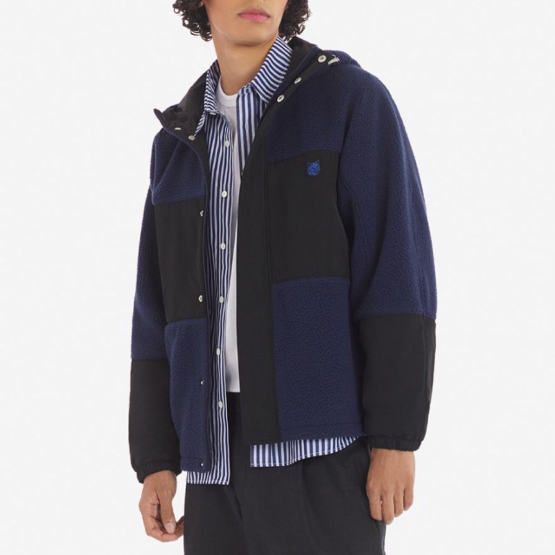 MAISON KITSUNÉ 深藍色拚色變化LOGO防風連帽外套/中性/ L