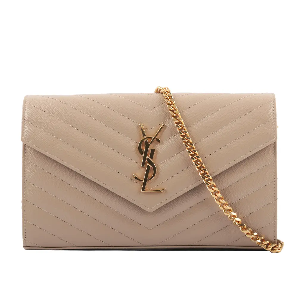 【YSL】V紋荔枝皮金色LOGO WOC 斜背包(深米色)/平行輸入