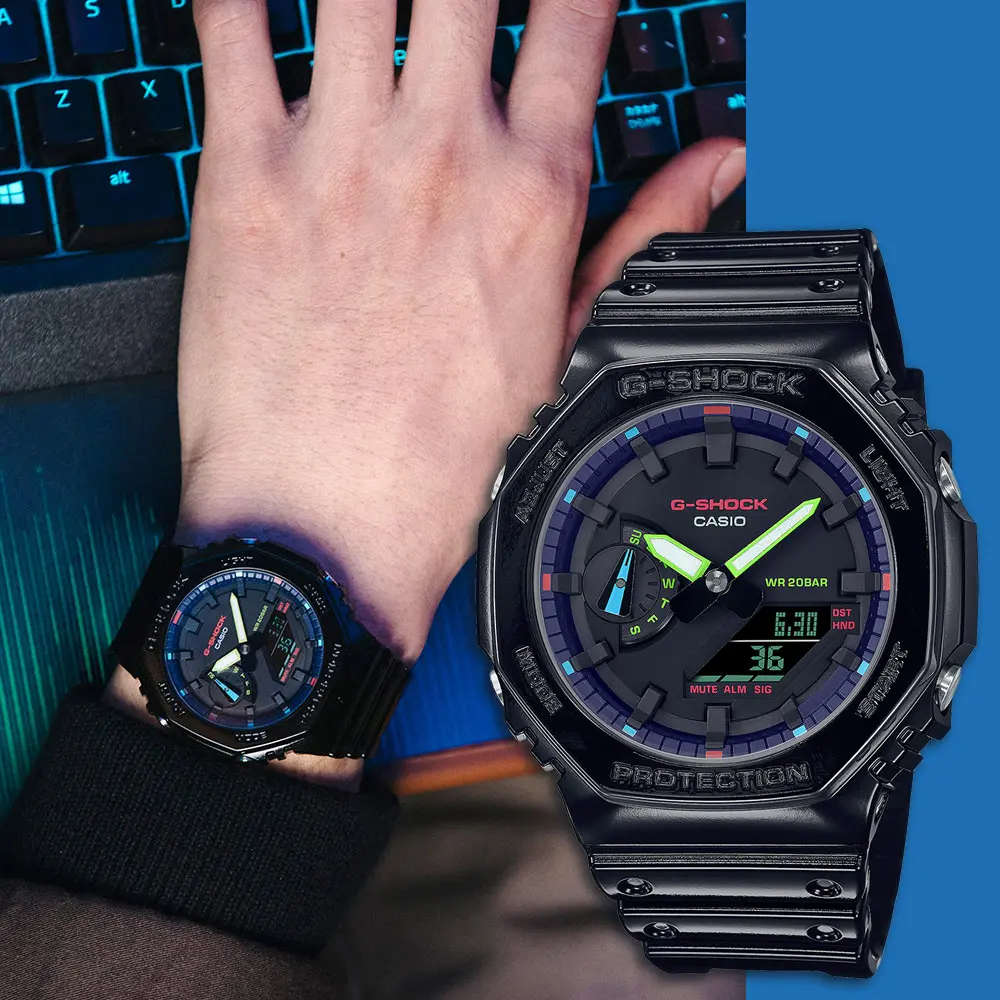 CASIO 卡西歐 G-SHOCK AI 探索虛擬彩虹系列雙顯手錶 GA-2100RGB-1A