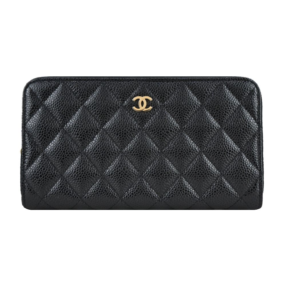 CHANEL經典雙C LOGO荔枝紋小牛皮拉鍊長夾 (黑色)/平行輸入