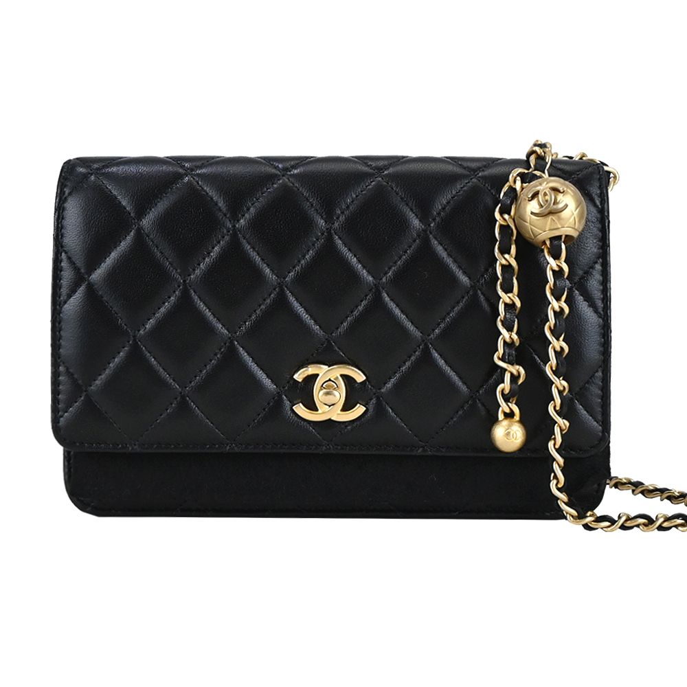 CHANEL 經典LOGO 菱格紋小羊皮金球WOC手拿/斜背包(黑色)/平行輸入