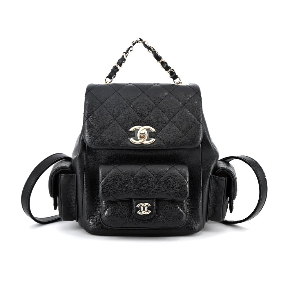 CHANEL經典雙C LOGO菱格紋小牛皮雙肩後背包 (黑色)/平行輸入