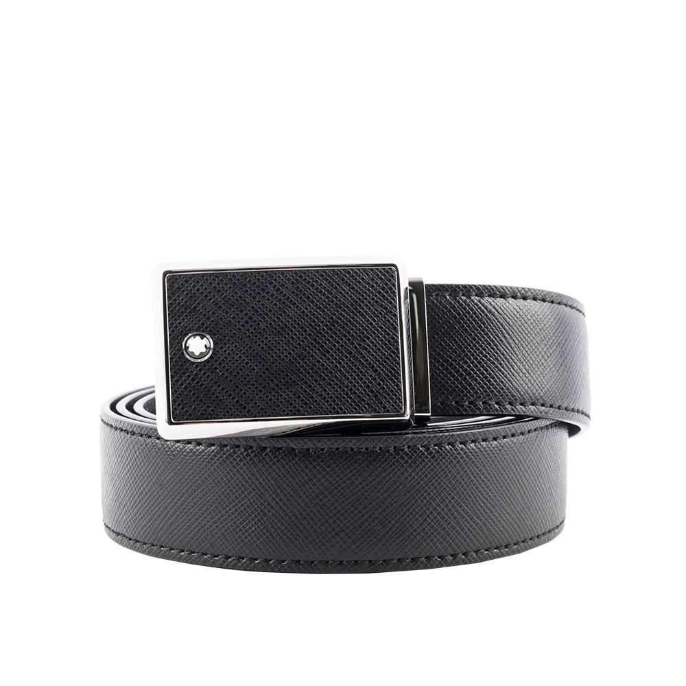 【MONT BLANC】銀框方形搭扣防刮皮革寬3cm 皮帶(黑色)/平行輸入