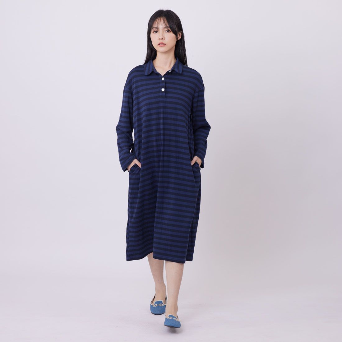 好我 so that's me Sofie半開襟條紋長袖洋裝/藍 FREE SIZE 