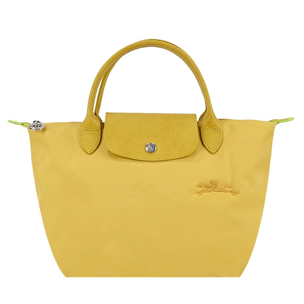 LONGCHAMP LE PLIAGE GREEN系列刺繡短把再生尼龍摺疊水餃包(小/多色選)/平行輸入/ 粉黃