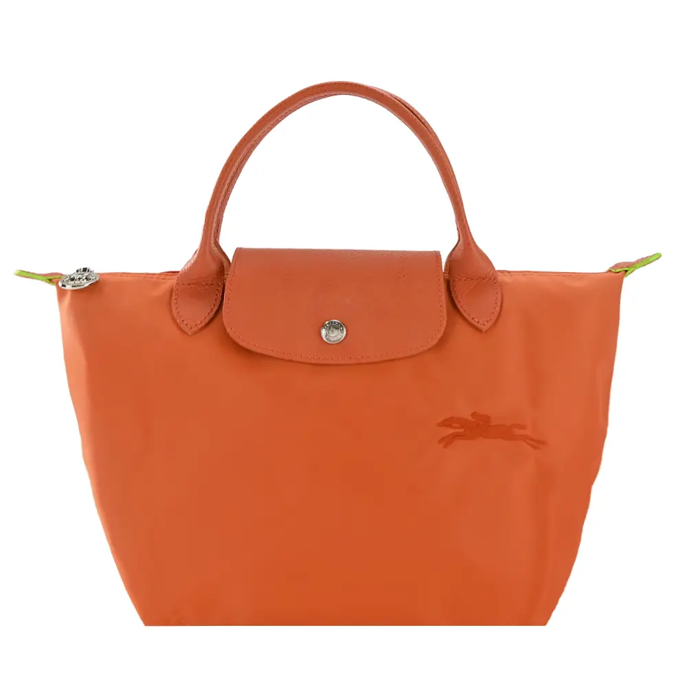 LONGCHAMP LE PLIAGE GREEN系列刺繡短把再生尼龍摺疊水餃包(小/多色選)/平行輸入/ 胡蘿蔔橘