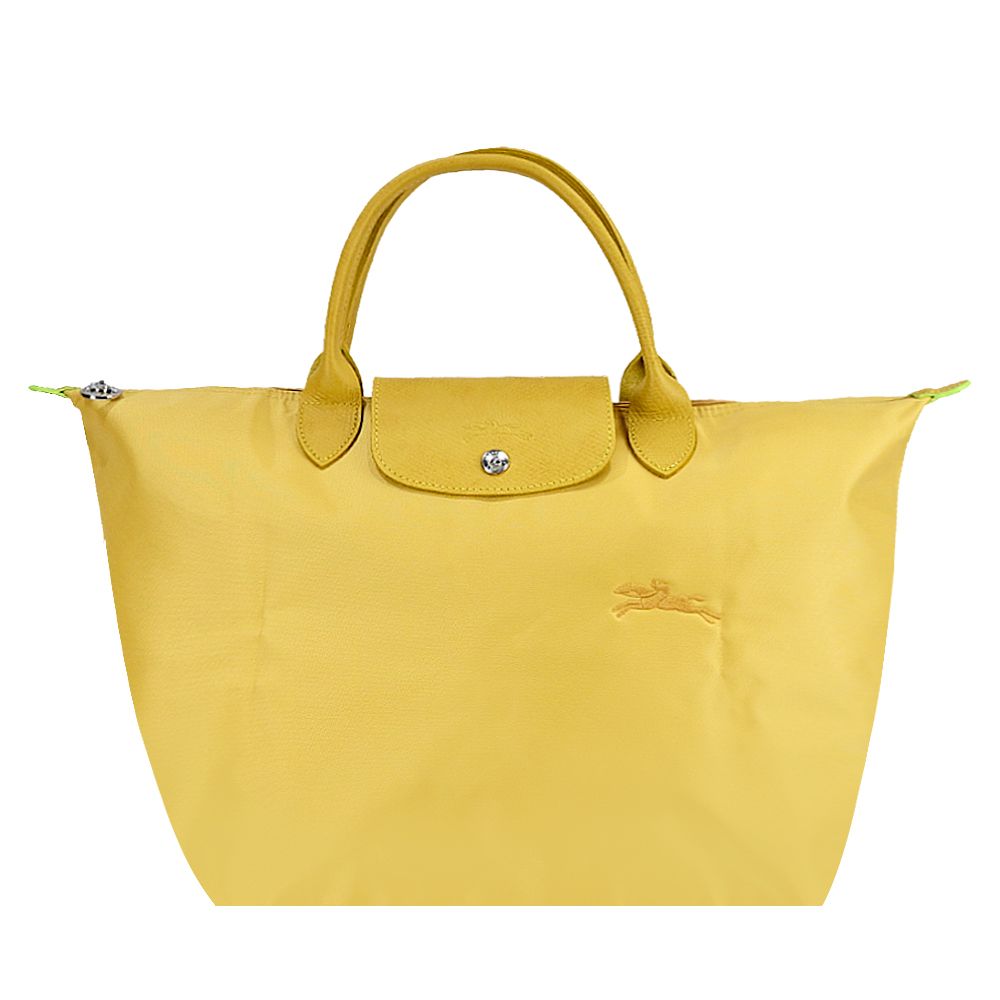 LONGCHAMP LE PLIAGE GREEN系列刺繡短把再生尼龍摺疊水餃包(中/多色選)/平行輸入/ 粉黃