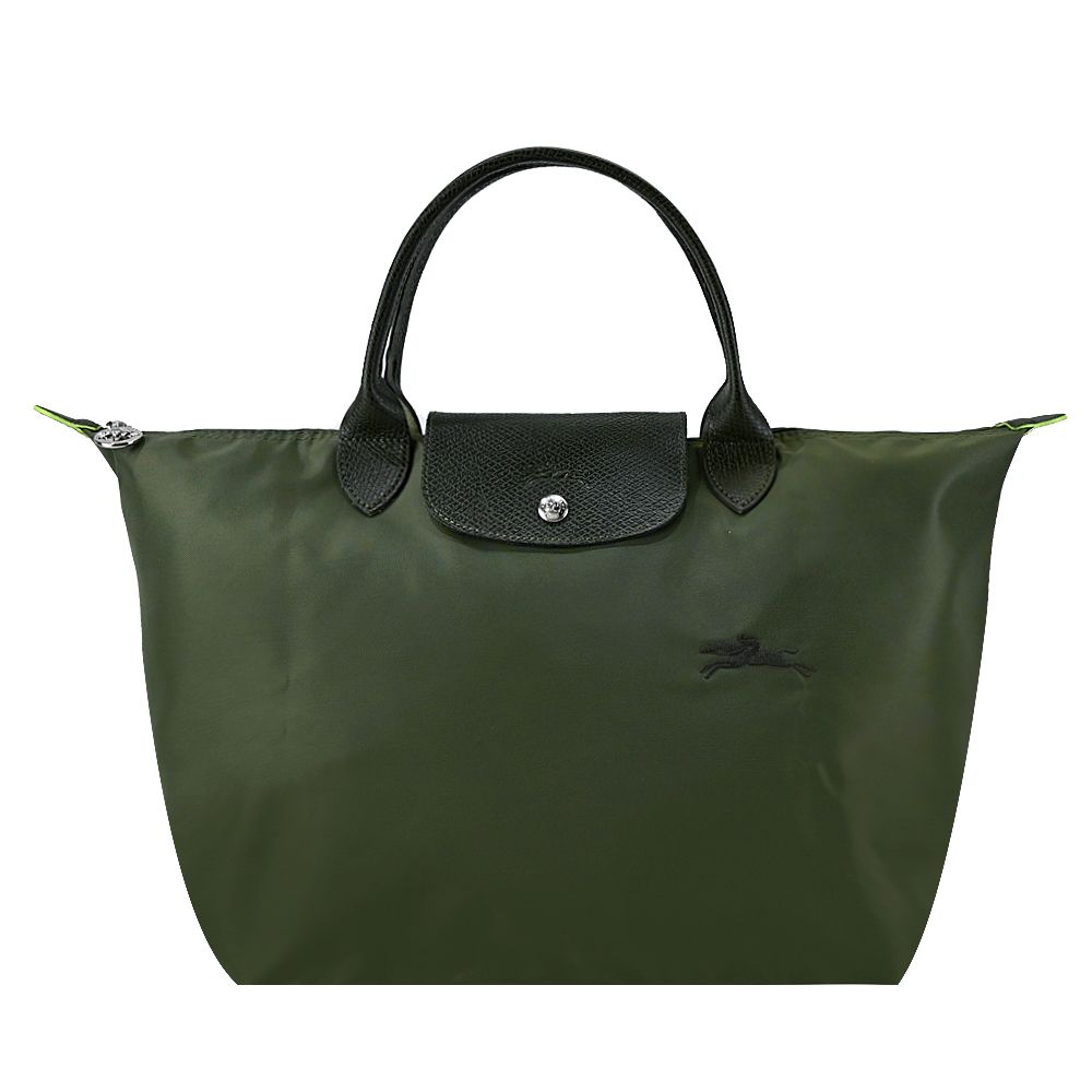 LONGCHAMP LE PLIAGE GREEN系列刺繡短把再生尼龍摺疊水餃包(中/多色選)/平行輸入/ 森林綠