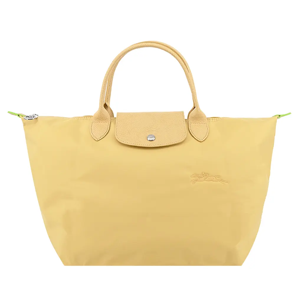 LONGCHAMP LE PLIAGE GREEN系列刺繡短把再生尼龍摺疊水餃包(中/多色選)/平行輸入/ 小麥黃