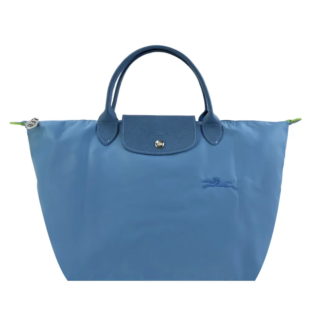 LONGCHAMP LE PLIAGE GREEN系列刺繡短把再生尼龍摺疊水餃包(中/多色選)/平行輸入/ 雷雨藍