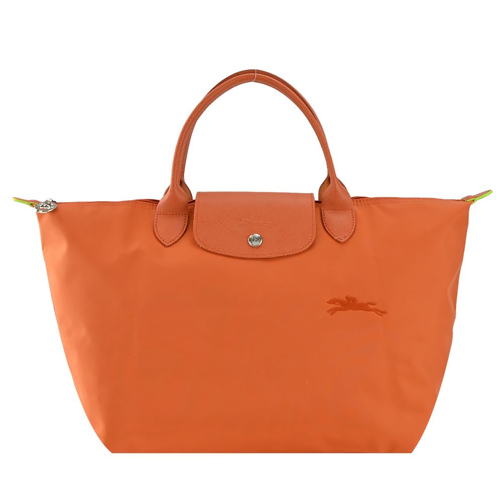LONGCHAMP LE PLIAGE GREEN系列刺繡短把再生尼龍摺疊水餃包(中/多色選)/平行輸入/ 胡蘿蔔橘
