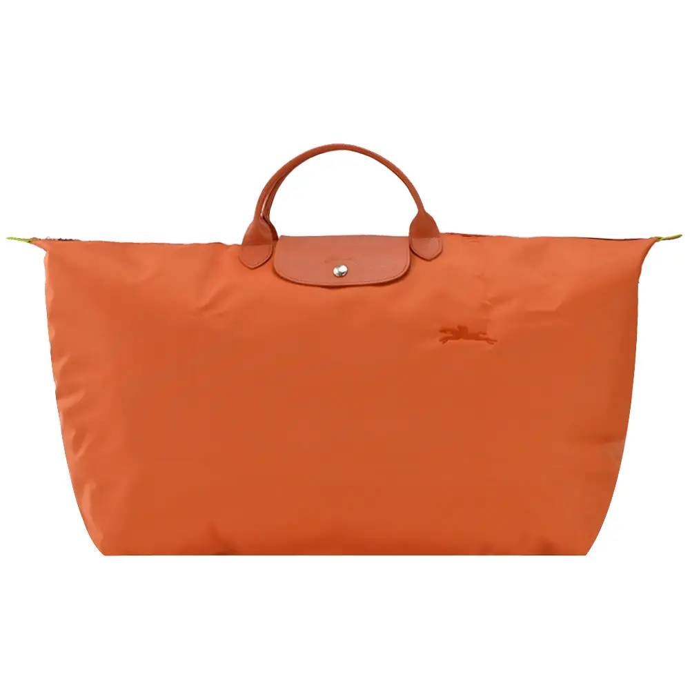 LONGCHAMP LE PLIAGE GREEN系列刺繡短把再生尼龍摺疊旅行袋(中/多色選)/平行輸入/ 胡蘿蔔橘