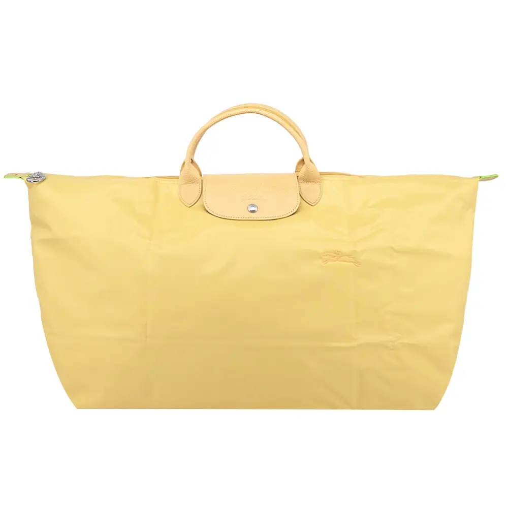 LONGCHAMP LE PLIAGE GREEN系列刺繡短把再生尼龍摺疊旅行袋(中/多色選)/平行輸入/ 小麥黃