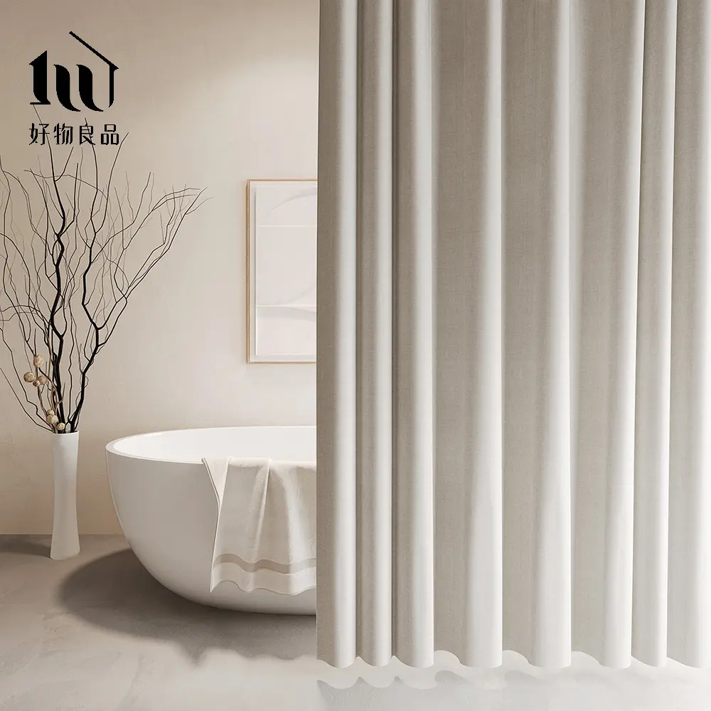 【好物良品】180x180cm_仿亞麻莫蘭迪色系防潑水防霉防潮加厚浴簾附掛環