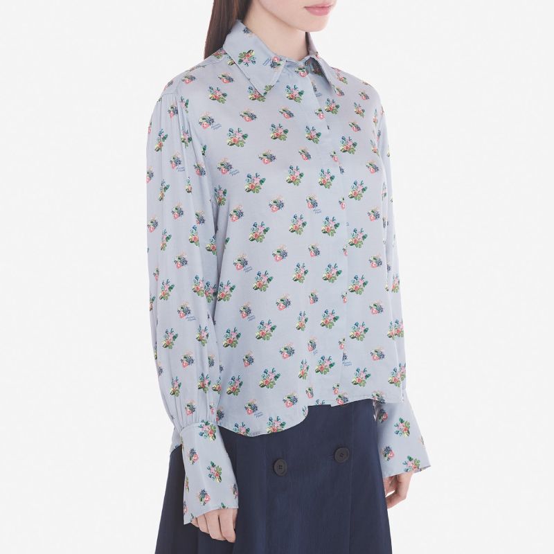 MAISON KITSUNÉ 藍白色印花長袖襯衫/女裝/ 36