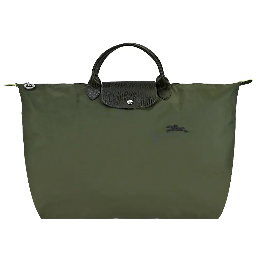 LONGCHAMP LE PLIAGE GREEN系列刺繡短把再生尼龍摺疊旅行袋(小/多色選)/平行輸入/ 森林綠