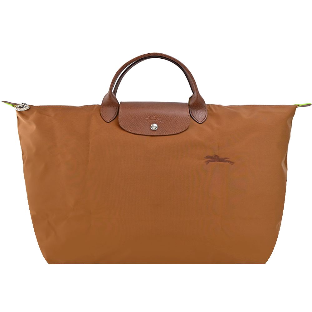 LONGCHAMP LE PLIAGE GREEN系列刺繡短把再生尼龍摺疊旅行袋(小/多色選)/平行輸入/ 白蘭地酒