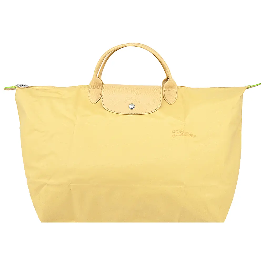 LONGCHAMP LE PLIAGE GREEN系列刺繡短把再生尼龍摺疊旅行袋(小/多色選)/平行輸入/ 小麥黃