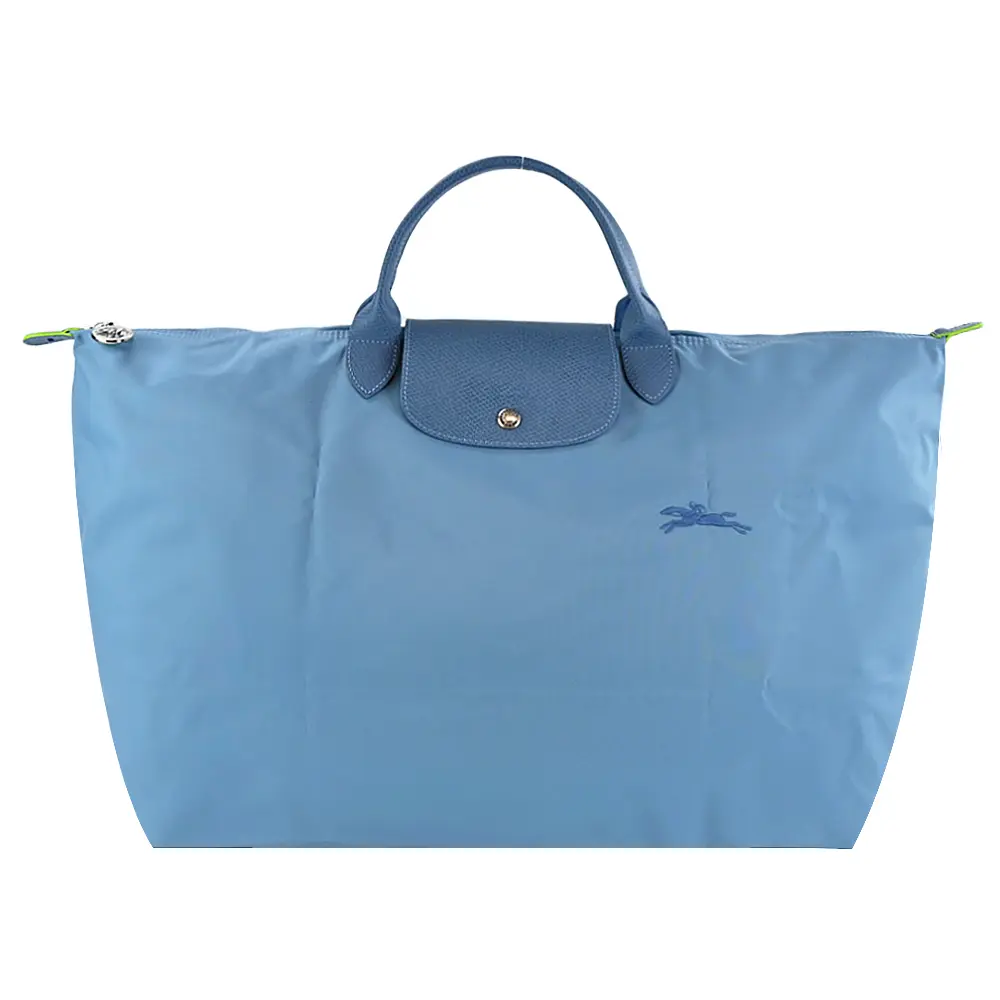LONGCHAMP LE PLIAGE GREEN系列刺繡短把再生尼龍摺疊旅行袋(小/多色選)/平行輸入/ 雷雨藍