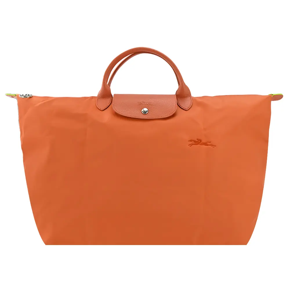 LONGCHAMP LE PLIAGE GREEN系列刺繡短把再生尼龍摺疊旅行袋(小/多色選)/平行輸入/ 胡蘿蔔橘