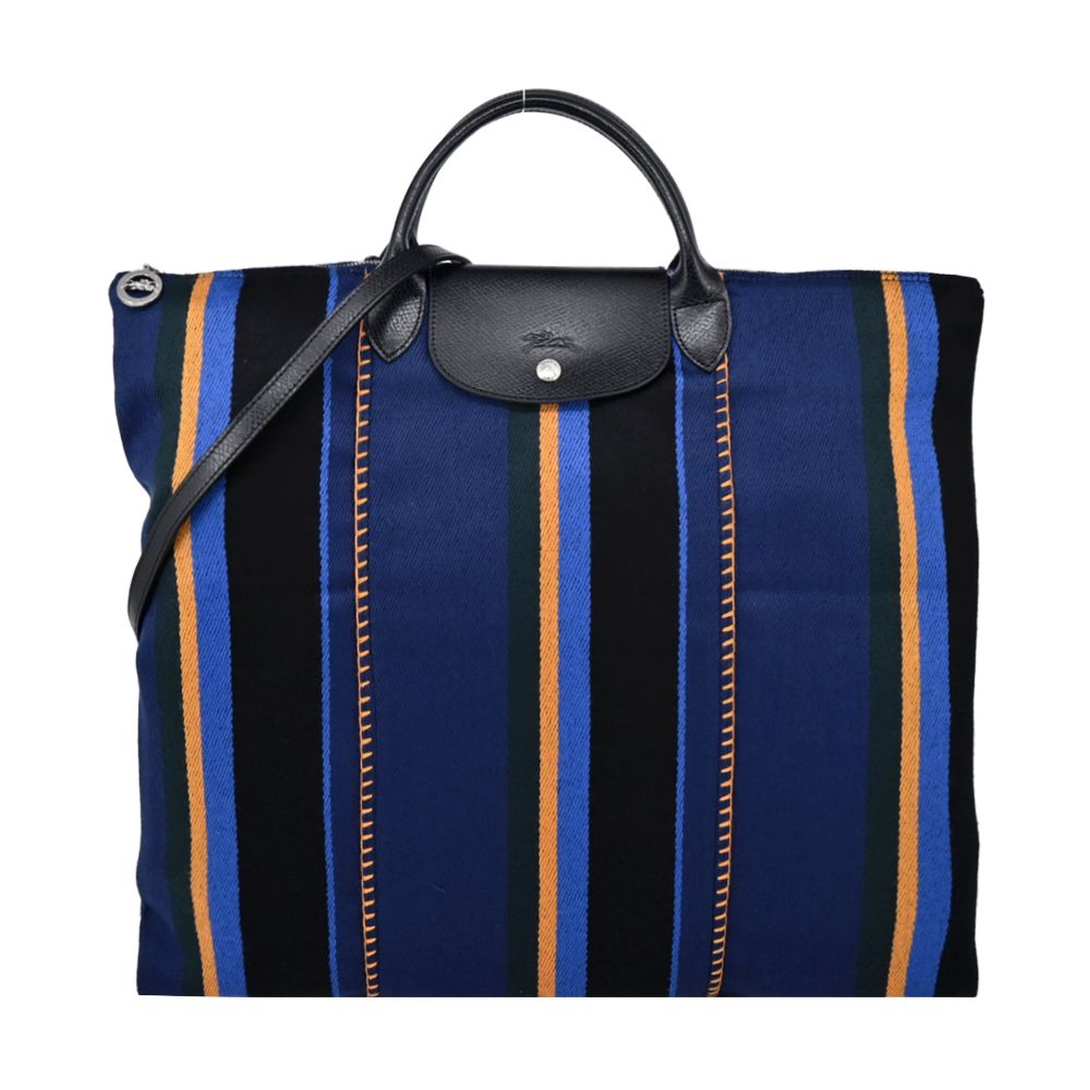 LONGCHAMP LE PLIAGE系列條紋帆布手提/肩背兩用包(特大/海軍藍)/平行輸入