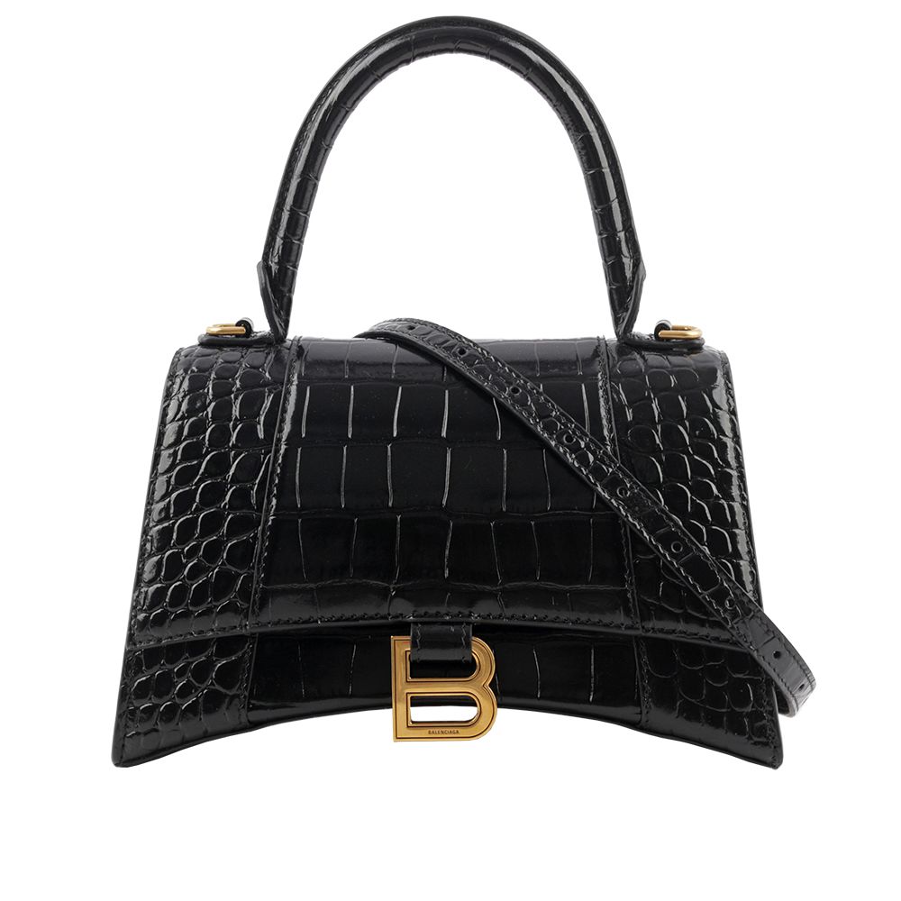 【BALENCIAGA】Hourglass 金釦壓鱷魚紋牛皮二用沙漏包(小款)(黑色)/平行輸入