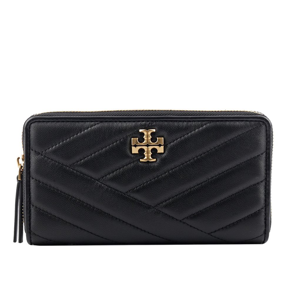【TORY BURCH】Kira 縫線納帕皮革ㄇ形拉鍊長夾(黑色)/平行輸入