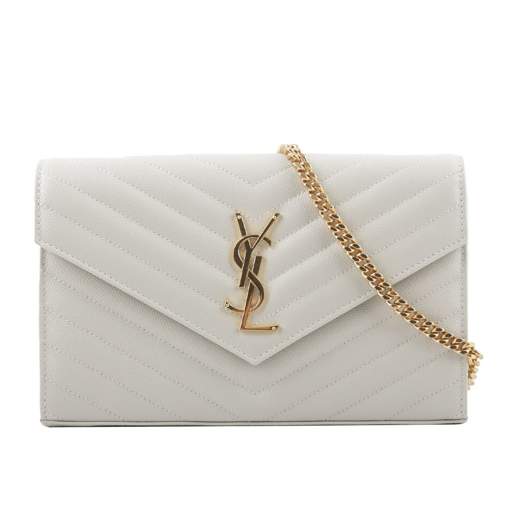 【YSL】V紋荔枝皮金色LOGO WOC 斜背包(復古白)/平行輸入