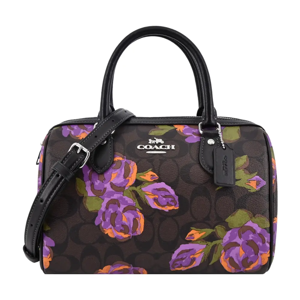 COACH Morgan 玫瑰印花PVC手提/斜背波士頓包-咖啡/ 平行輸入