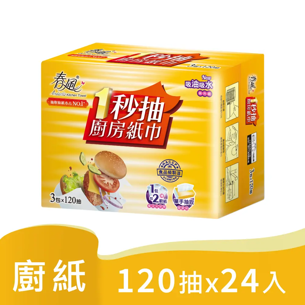 單手快抽✦春風 一秒抽廚房紙巾120抽24入/箱購