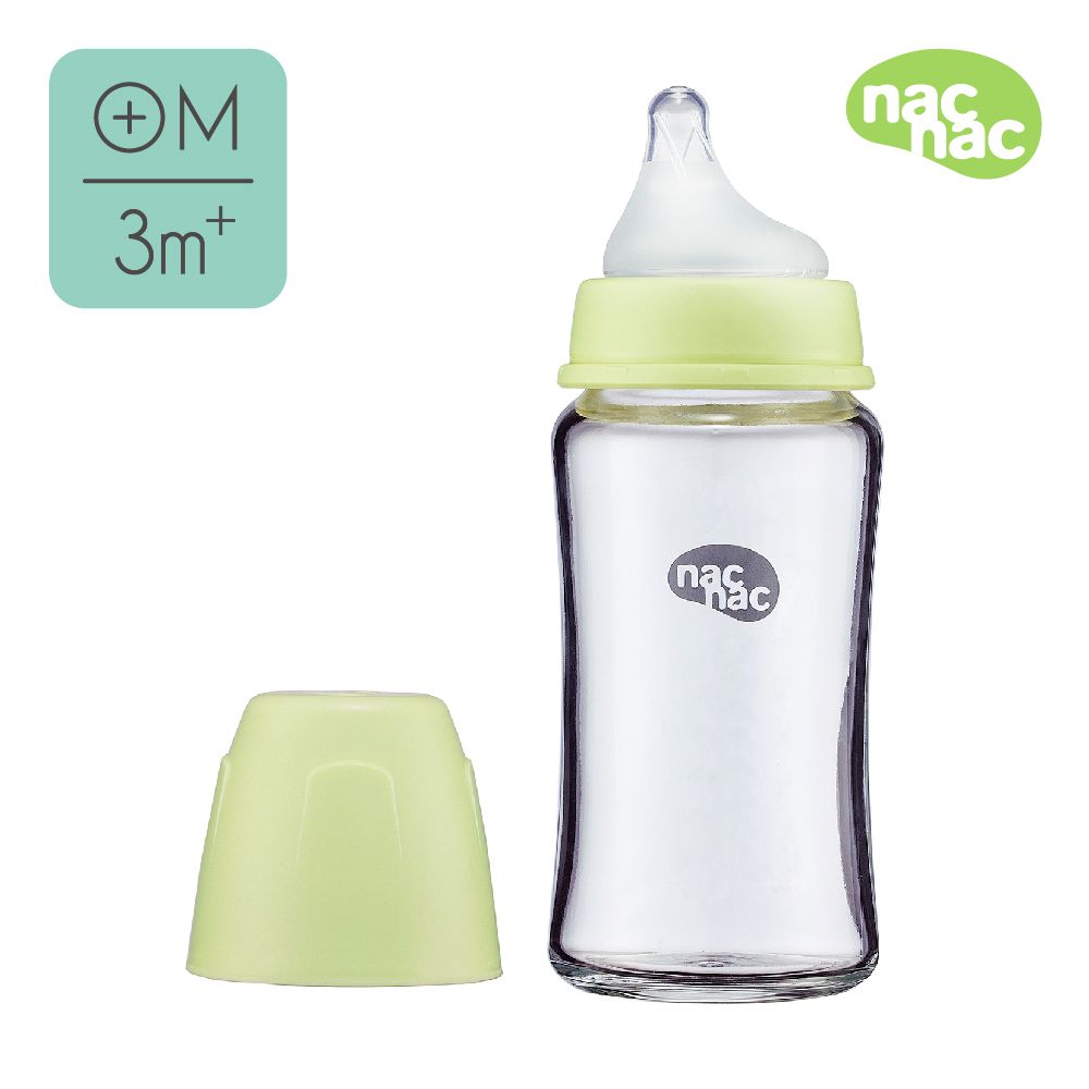 防止脹氣減少殘奶➤ nac妍心35%晶透防脹氣玻璃寬口奶瓶/ 240ml/ 茉莉綠