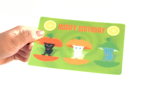 日本 GRAPAC 生日動動明信片/ Chaton Noir Et Amis/ 水果