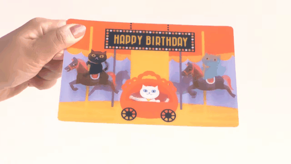 日本 GRAPAC 生日動動明信片/ Chaton Noir Et Amis/ 旋轉木馬