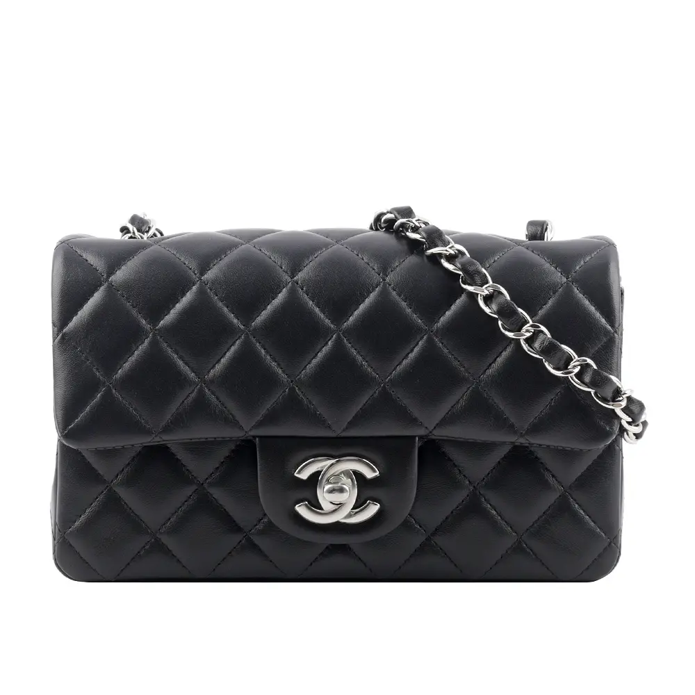 【CHANEL】銀色CC Logo 菱格紋小羊皮迷你翻蓋包/MINI COCO(黑色)/平行輸入