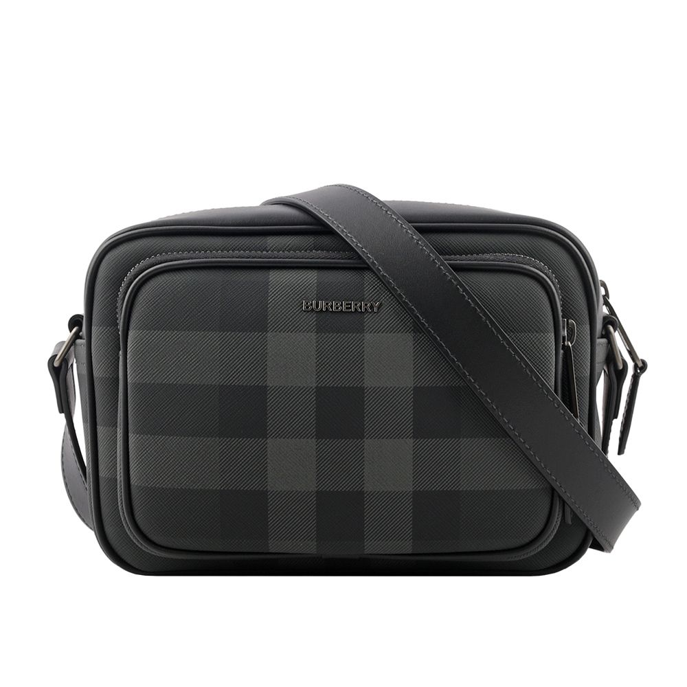 【BURBERRY】格紋前口袋拉鍊斜背包(炭灰色)/ 平行輸入