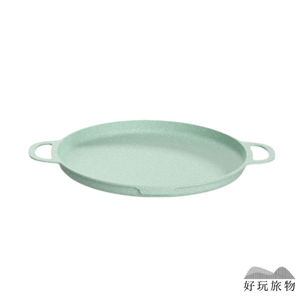 【好玩旅物】34cm_全新韓國木把手麥飯石不沾鍋烤盤(附收納袋)/ 綠色