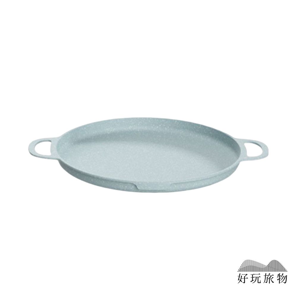 【好玩旅物】34cm_全新韓國木把手麥飯石不沾鍋烤盤(附收納袋)/ 藍色